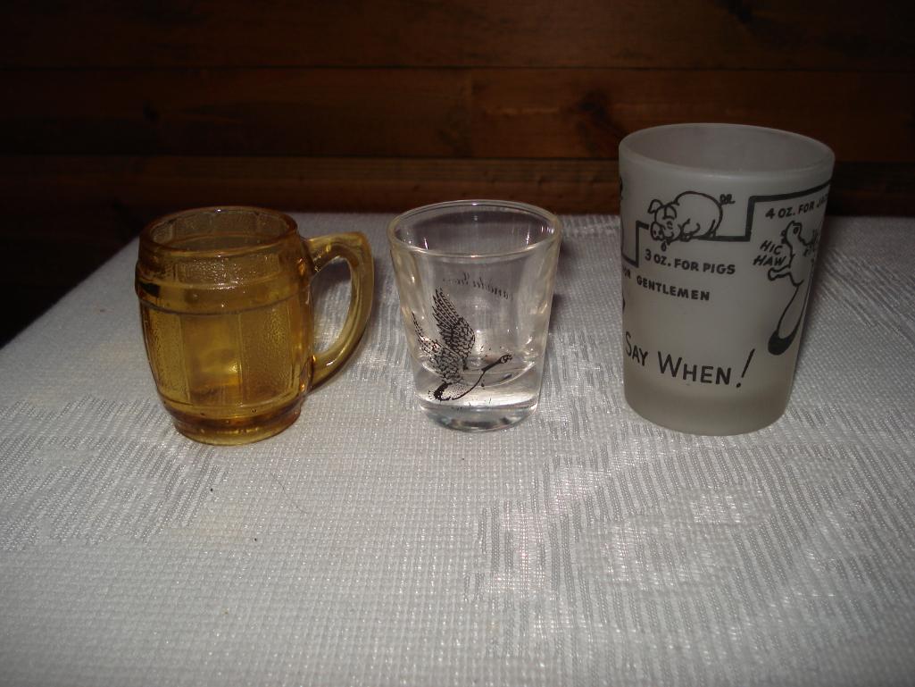 Assorted Glassware and stoneware - Shot glasses- Mismatched stemware