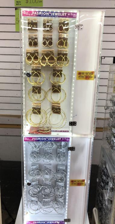 LOT CONSISTING OF 56" HIGH FLOOR LIGHTED JEWELRY DISPLAY WITH FASHION HOOP EARRINGS