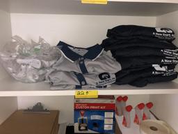 LOT CONSISTING OF: USB CAR CHARGERS, ASSORTED NEW START SHIRTS,