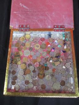 INLAID DECORATIVE BOX WITH FOREIGN COINS