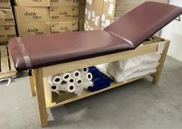 WOOD FRAME ADJUSTABLE EXAM TABLE MEASURES 72" L X 24" W X 28" H