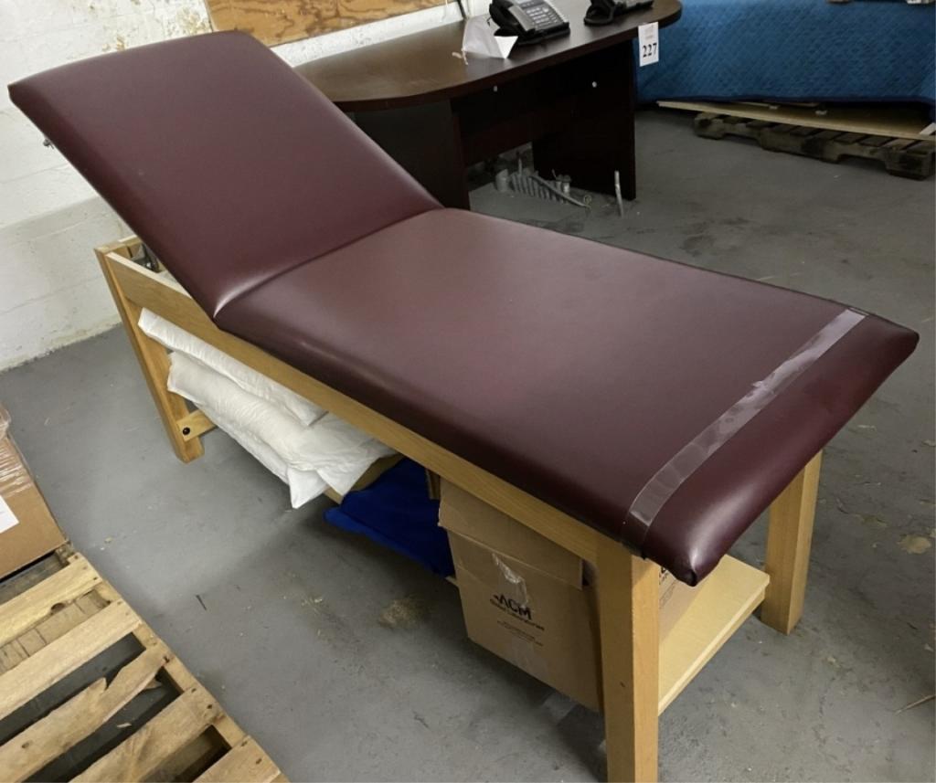 WOOD FRAME ADJUSTABLE EXAM TABLE MEASURES 72" L X 24" W X 28" H