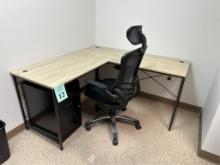 L-SHAPED DESK WITH: HIGH BACK CHAIR AND FILING CABINET