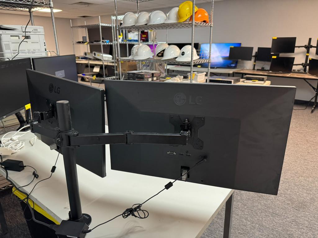 DUAL LG 27" MONITORS ON DESK MOUNT