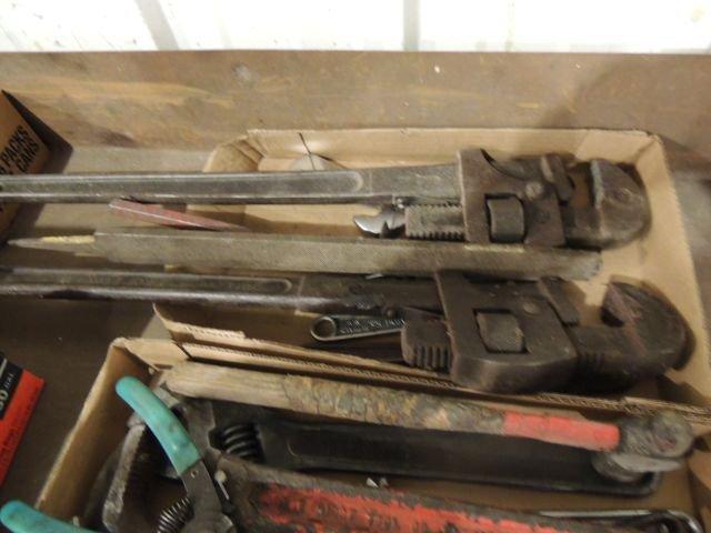 3 flats - and 1 tray of hand tools, pipe wrenches, crescent wrenches, files