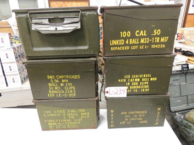 6 military ammo metal ammo boxes incuding 1 WWll 50 cal.