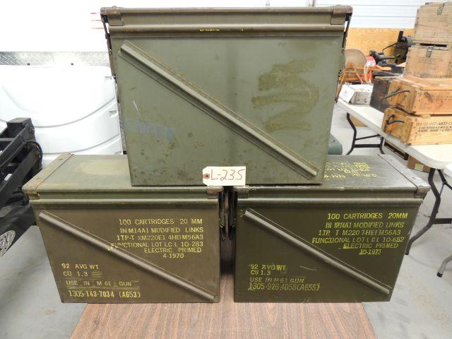 3 military , 20 MM metal ammo boxes
