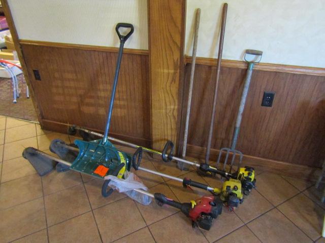 3 Weed whips, snow shovel, hand tools (L)