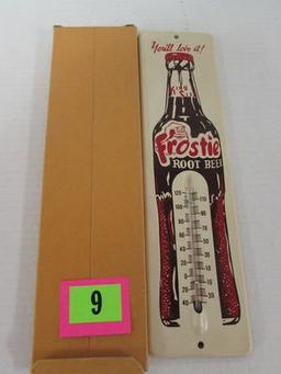 Outstanding 1950's Frostie Root Beer 12" Metal Thermometer Nos