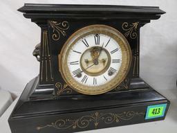 Antique 1900s Ansonia Key Wind Marble Mantle Clock w/ Lion Head Handles