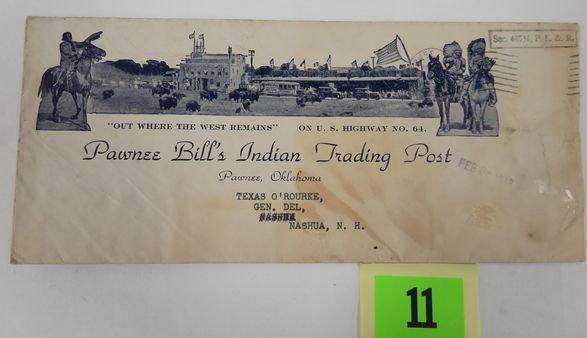 Original "Pawnee Bill's Indian Trading Post" cancelled adv. Envelope w/ neat photo cachet.