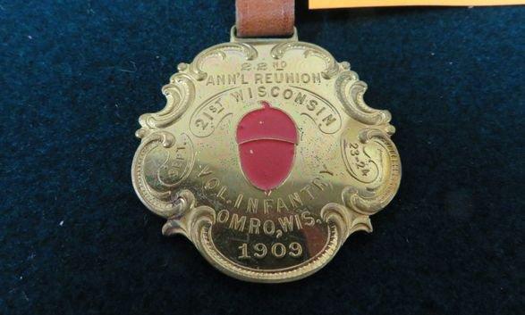 1909 Souvenir Watch Fob - 22nd Annual Reunion of Veterans of 21st Wisconsin Vol. Infantry