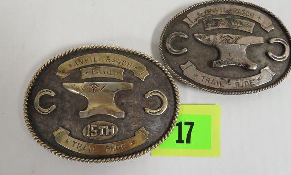 Pair of Vintage Sterling Custom Made Belt Buckles from Anvil Ranch Trail Ride, AZ
