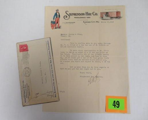 Near 1915 Stephenson Hay Co. Dealer Letter w/ Nice Uncle Sam and RR Box Car Vignettes