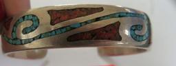 Beautiful Native Amer Indian Navajo Sterling Silver and Turquoise Multistone Inlay Bracelet