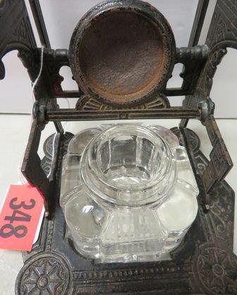 Dated 1879 Antique Cast Iron and Crystal Ink Well