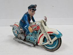 Antique Linemar Japan 7" Tin Wind-up Police Indian Motorcycle Toy