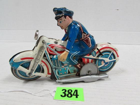 Antique Linemar Japan 7" Tin Wind-up Police Indian Motorcycle Toy