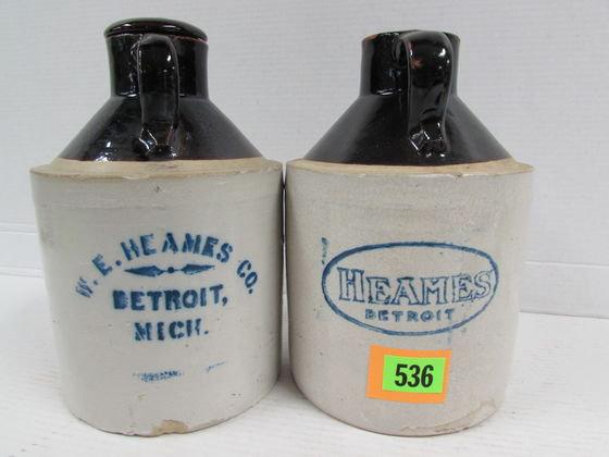 (2) Antique 1800's Heames Detroit 1 Gallon Stoneware Whiskey Jugs