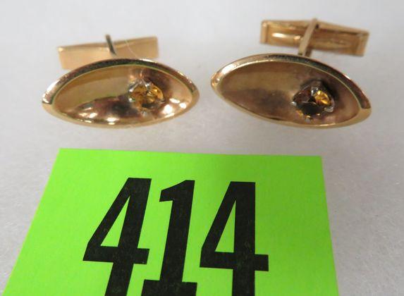 Vintage Men's 14K Gold and Yellow Topaz Cuff Link Set, Total Wt. 13.1g