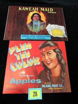 (2) Antique Fruit Crate Labels W/ Indian Maiden Graphics