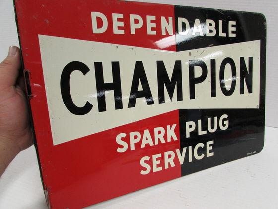 Vintage 1950's Champion Spark Plugs Dbl. Sided Metal Flange Sign 12 X 18"