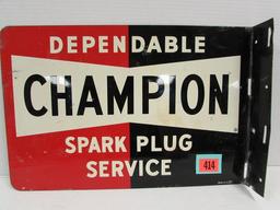 Vintage 1950's Champion Spark Plugs Dbl. Sided Metal Flange Sign 12 X 18"