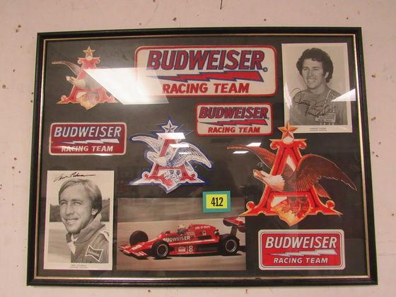 Vintage Budweiser Racing Team Framed Collage. Patches, Stickers, Autographs