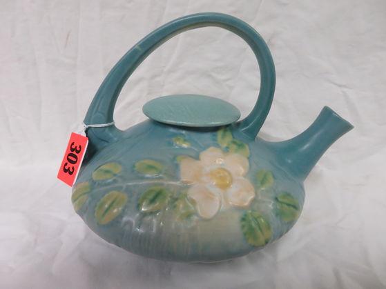 Roseville Pottery White Rose Teapot w/ Cream and Sugar in Blue