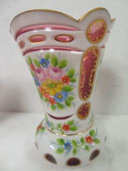 Set of (3) Bohemian Czech White Cut to Cranberry Art Glass Vases