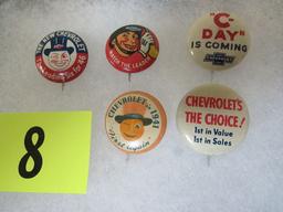 Lot (5) Antique Chevrolet Advertising Pinbacks