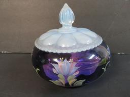 Beautiful Fenton Royal Purple Hand Painted Powder Box