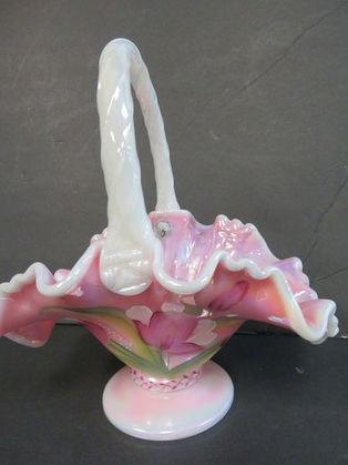 Fenton Pink Snowcrest Hand Painted Iridized Art Glass Basket