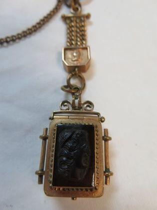 Antique Pocket Watch Chain with Onyx and Carnelian Mourning Hair Locket Fob