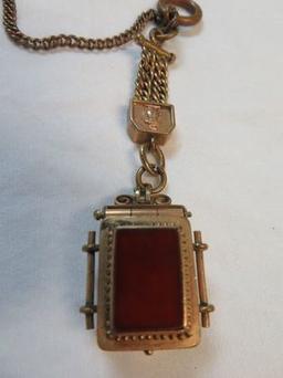 Antique Pocket Watch Chain with Onyx and Carnelian Mourning Hair Locket Fob