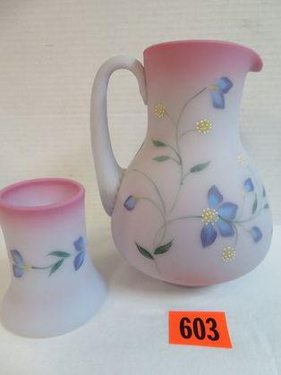 Fenton Blue Burmese Hand Painted Carafe Set, Artist Signed