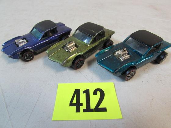 (3) Vintage 1967 Redline Hot Wheels Python Aqua, Olive, Purple