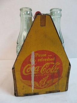 1940s Coca-Cola Wooden 6 Pack Carrier w/ Wings Logo Inc. 6 Coca-Cola Embossed Bottles