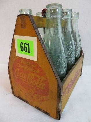 1940s Coca-Cola Wooden 6 Pack Carrier w/ Wings Logo Inc. 6 Coca-Cola Embossed Bottles
