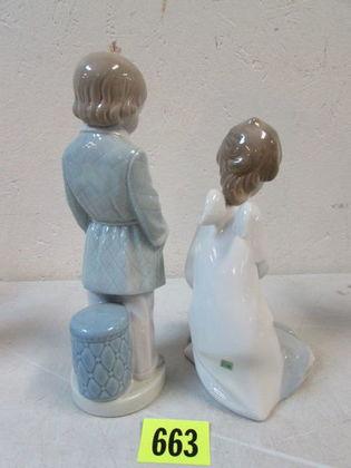 (2) Lladro Porcelain Figurines Boy In Robe (8"), Angel With Baby (7")
