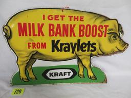 Antique Kraft Kraylets "Milk Bank Boost" Embossed Metal Sign (Stout)