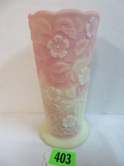 Beautiful Fenton Burmese 8" Hand Painted Peacock Vase, Artist Signed