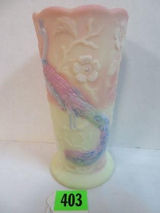 Beautiful Fenton Burmese 8" Hand Painted Peacock Vase, Artist Signed