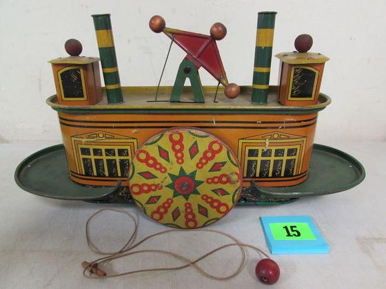 Antique Wolverine Tin Mechanical Tug Boat/ Paddle Wheel 15"