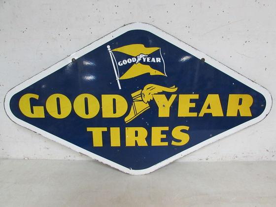 Antique 1953 Dated Goodyear Tires Dbl. Sided Porcelain Sign