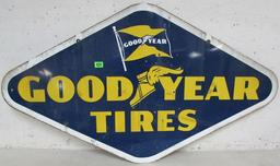 Antique 1953 Dated Goodyear Tires Dbl. Sided Porcelain Sign