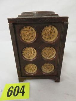 Antique Arcade World Time Clock Cast Iron Bank
