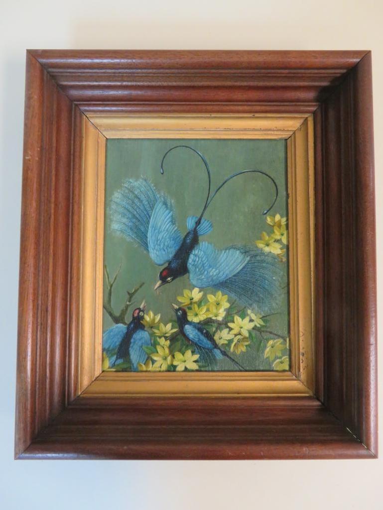 Vintage Birds of Paradise Oil on Board Painting