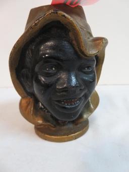 Antique Black Americana "2 Face" Cast Iron Still Bank 4" Tall