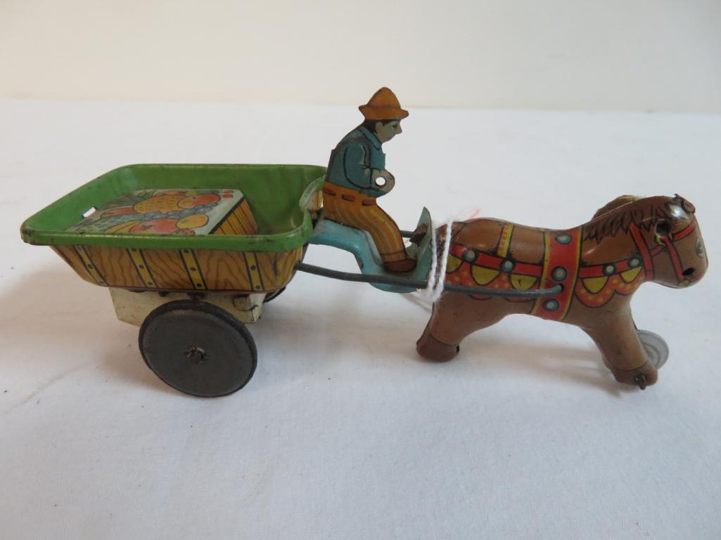 Early Alps (Japan) Tin Litho Friction Fruit Cart w/ Horse & Driver